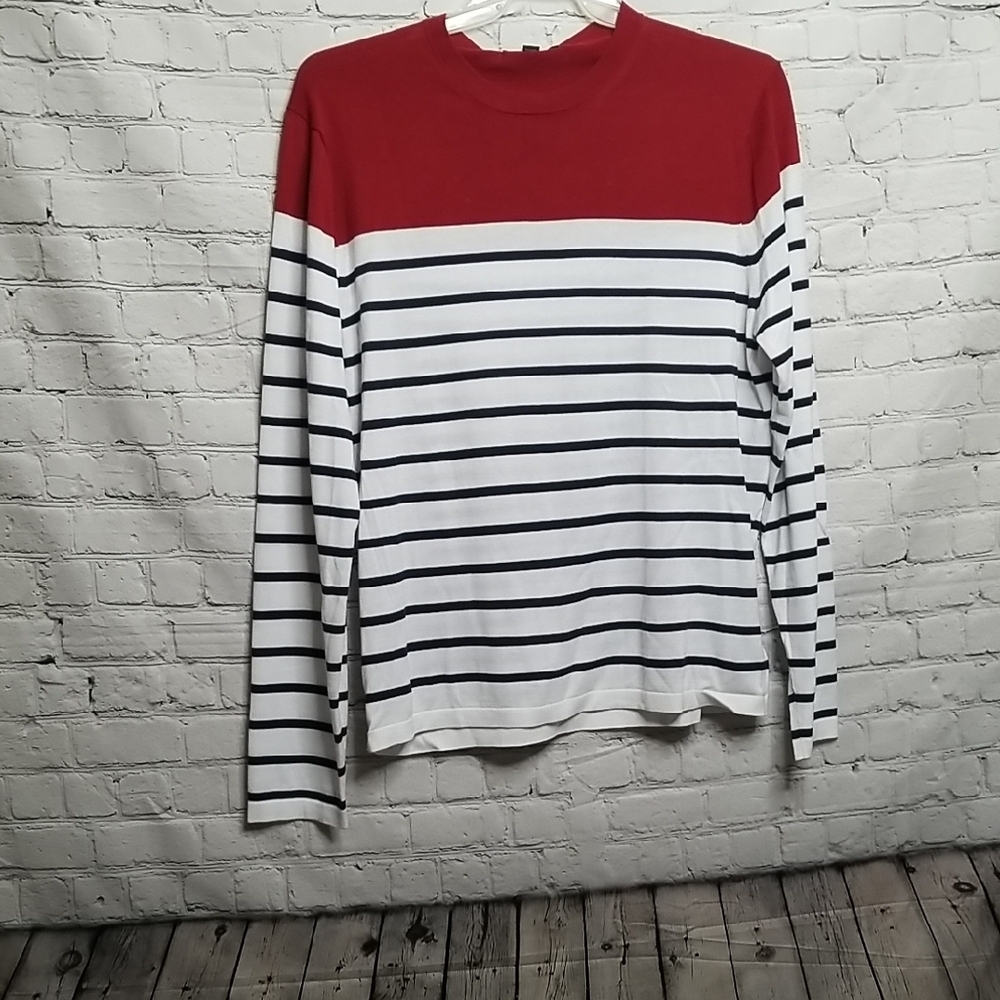 Michael Kors Men's Large Red White Black Striped Crewneck Sweater NWT